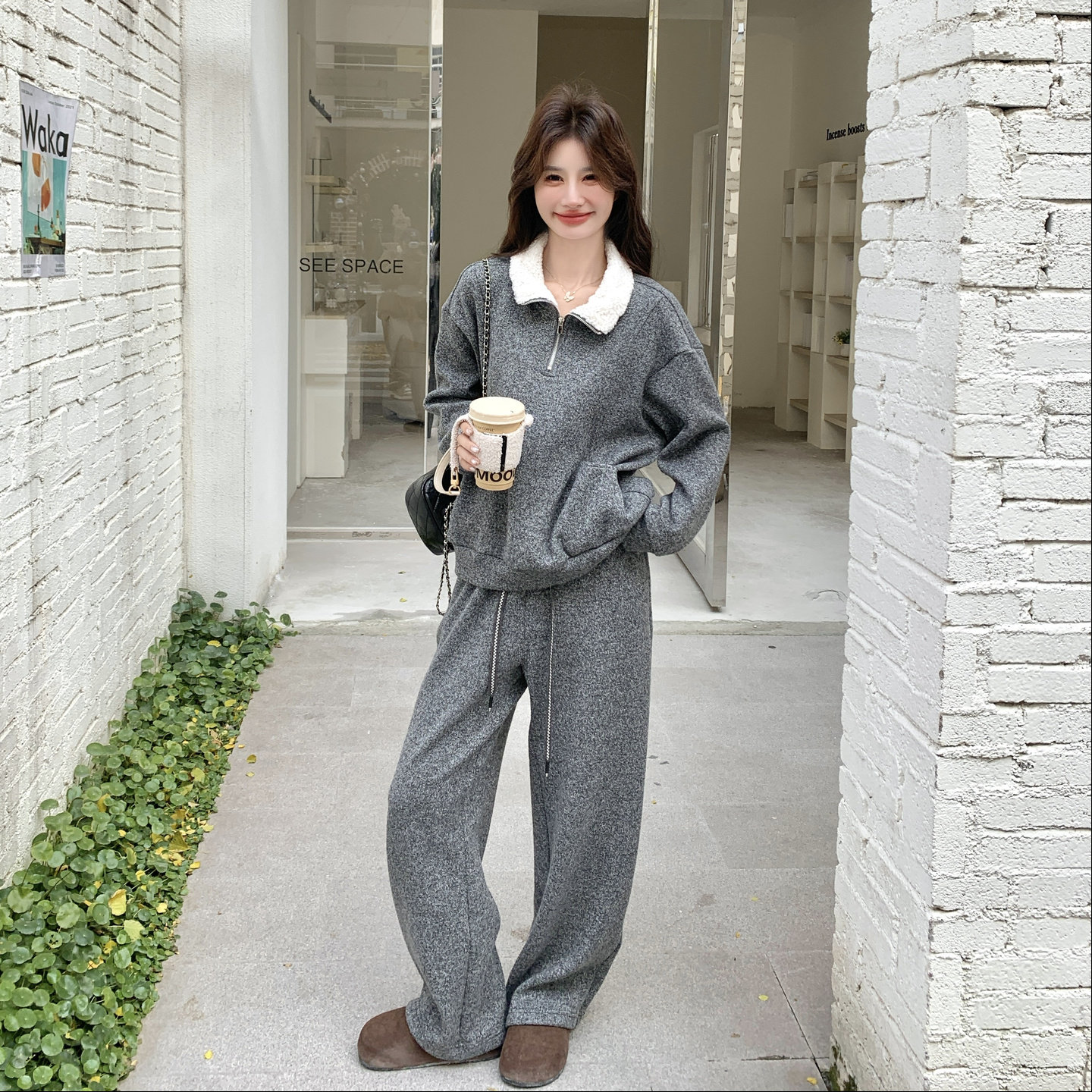 设计感慵懒风灰色加厚卫衣套装女冬季韩系休闲运动保暖加绒两件套,女装套装/套裙,2C166