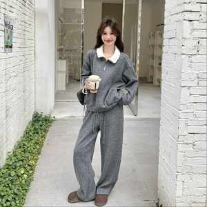 设计感慵懒风灰色加厚卫衣套装女冬季韩系休闲运动保暖加绒两件套图片