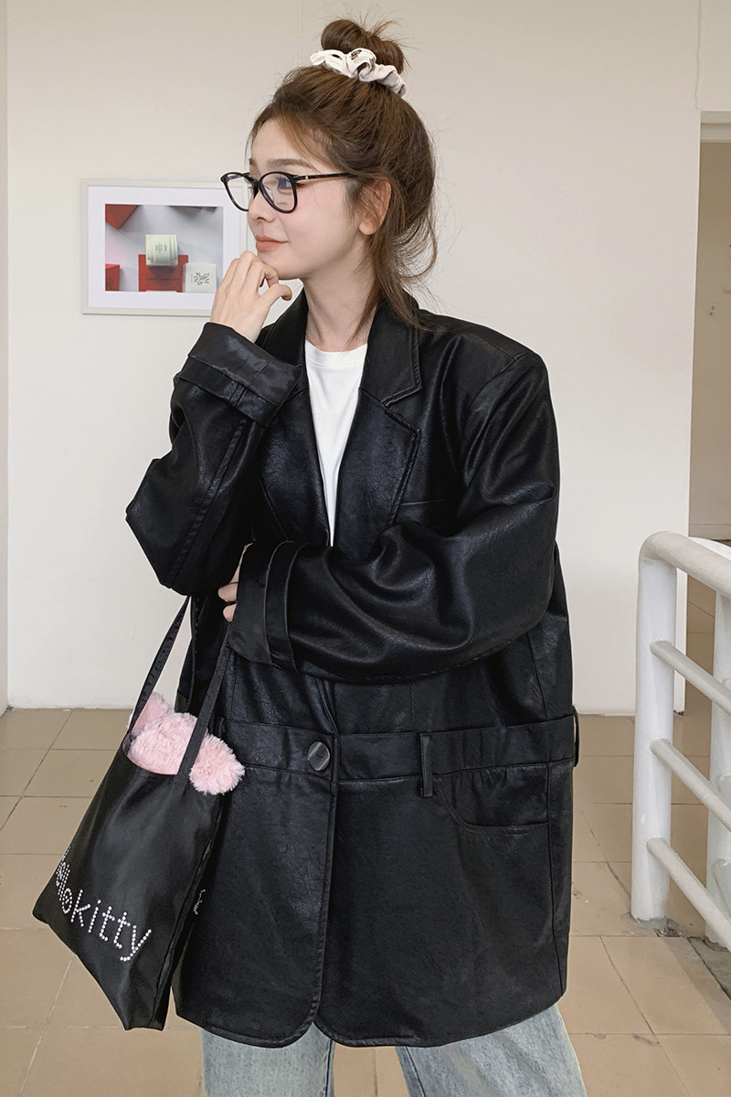 秋季新款版型超正高级感拼接一粒扣皮西装外套2C220-P170K239,女装皮衣,2C220