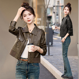 小个子休闲短款PU皮夹克翻领时尚复古机车服，女装皮衣，自然秀