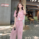 晕染粉色西装套装女夏2024新款薄款小香风两件套阔腿裤爆款减龄，女装套装/套裙，2D148