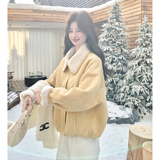 双面穿黄色翻领皮毛一体羊羔毛厚外套女秋冬超火好看短款加绒棉服，女装短外套，2C012