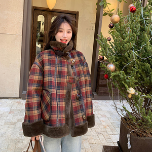 红咖格子短款羊羔毛外套女秋冬2024新款高级感超好看皮毛一体棉服图片