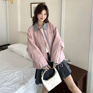 粉色复古牛仔拼接外套2025新款女春秋韩系甜酷高级感今年流行夹克图片