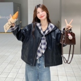 复古拼接连帽皮衣外套女2026新款机车服夹克2C227/3309/P165K238，女装风衣，2C227