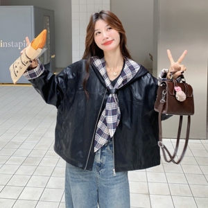 复古拼接连帽皮衣外套女2026新款机车服夹克2C227/3309/P165K238图片