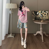 甜美时尚休闲套装女夏季新款圆领印花刺绣T恤阔腿破洞短裤两件套，女装套装/套裙，2C310