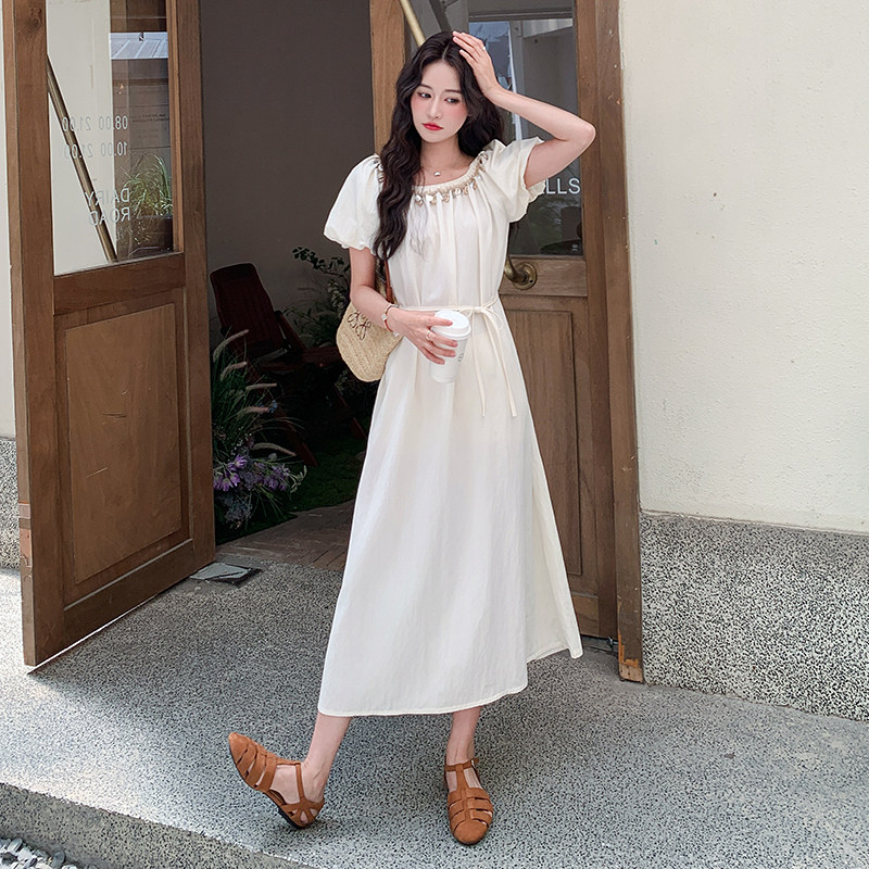法式白色泡泡袖连衣裙女2025夏季新款温柔风高级感时尚超好看长裙,女装连衣裙,2D078