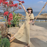 浅黄色泡泡袖绝美奶fufu连衣裙女2025夏季新款温柔风超好看a字裙，女装连衣裙，2C122