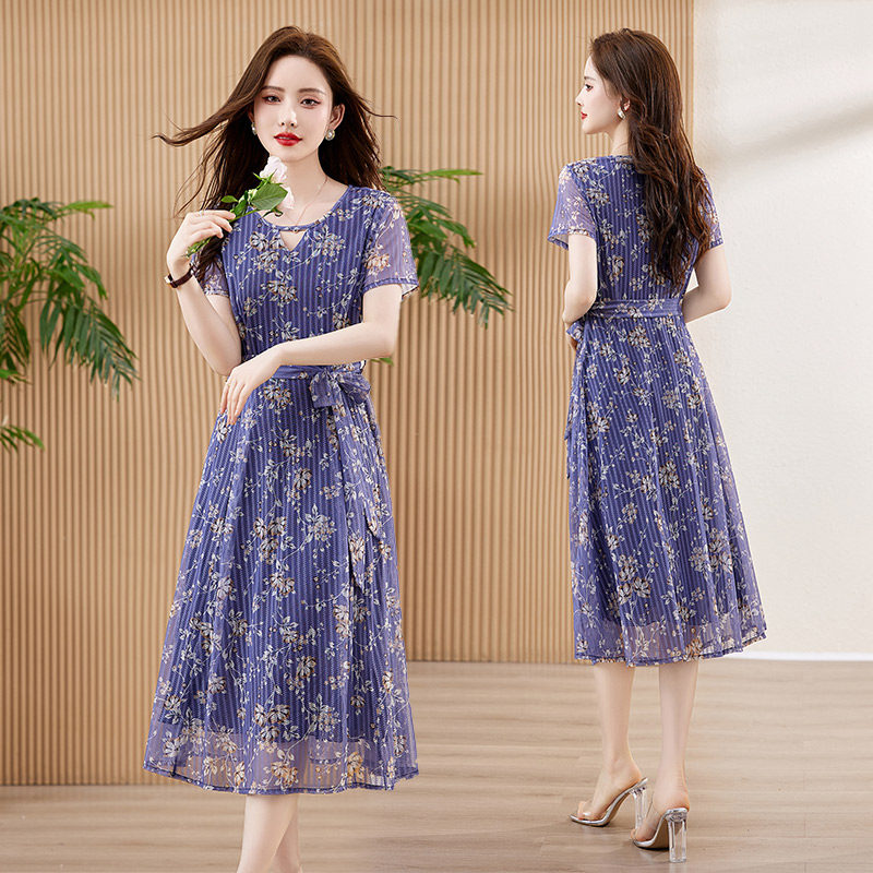 【新品】吾爱衣2419款雪纺连衣裙女夏季气质收腰百搭碎花裙,女装连衣裙,吾爱衣