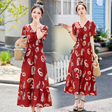 红色时尚印花抽褶连衣裙女2025夏季新款收腰显瘦女人味气质长裙子，女装连衣裙，吾爱衣
