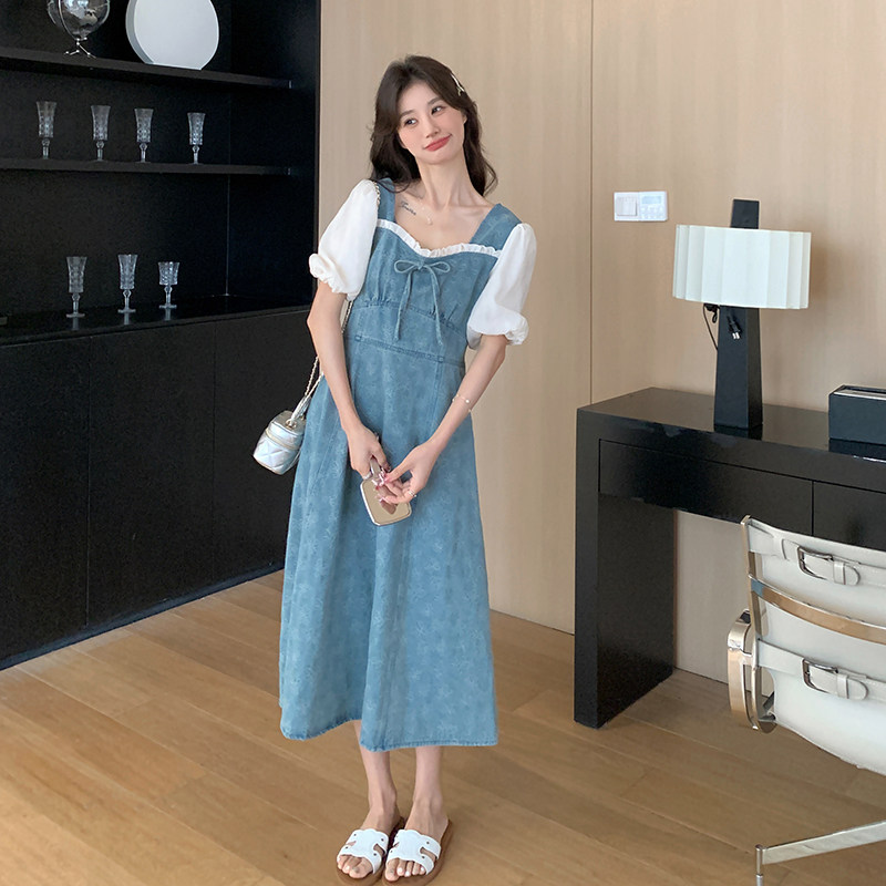 高级感气质牛仔拼接连衣裙女2025夏季新款韩版收腰显瘦别致长裙子,女装连衣裙,2C018
