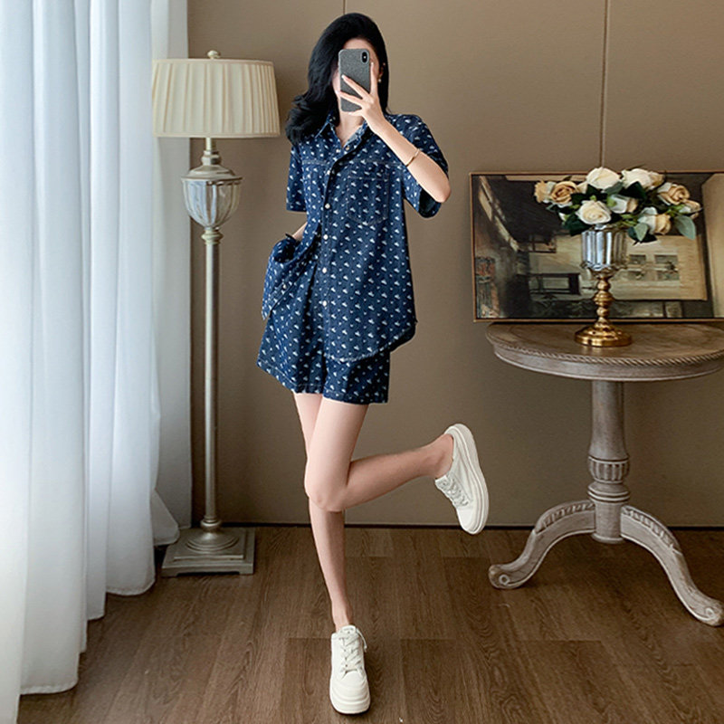 个性简约夏季新款套装女高级感时尚洋气蓝色短袖衬衫短裤两件套潮,女装套装/套裙,2C310