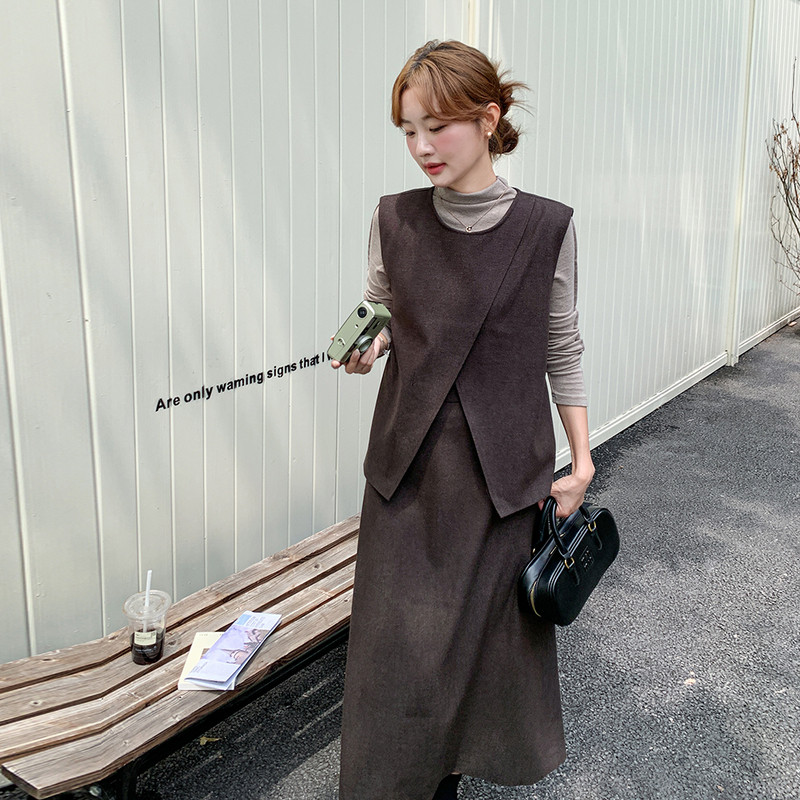 韩系复古打底衫开叉马甲套装裙女2025秋新款简约气质半身裙三件套,女装套装/套裙,2C225