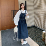 韩系甜美减龄牛仔背带裙套装女学院风衬衫长裙两件套6151P160K238，女装套装/套裙，2C166