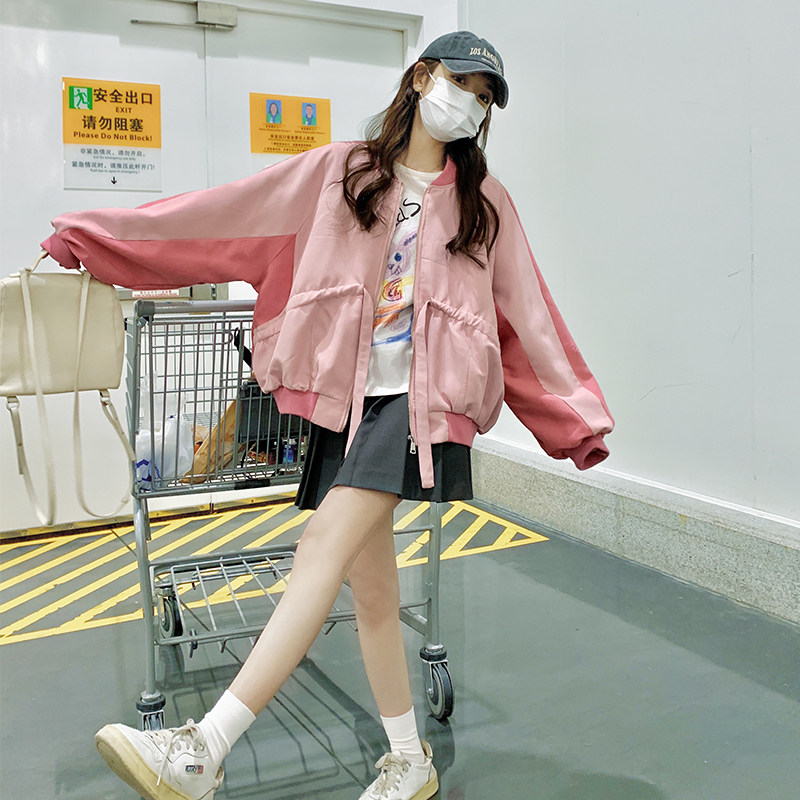 【档口+买家秀】脏粉撞色拼接棒球服外套C155-1059-P135控188,女装风衣,2C155