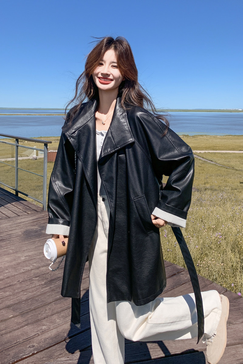 减龄系带条纹拼接西装黑色皮衣外套女春秋2025新款PU夹克大方得体,女装皮衣,2C092