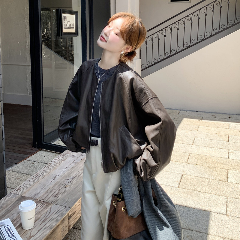美拉德圆领小皮衣外套女秋季2026新款又酷又飒复古小个子pu皮夹克,女装皮衣,2C159