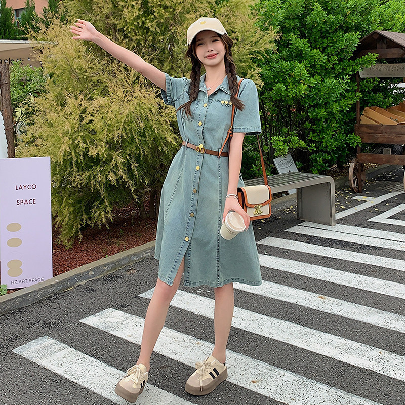 浅蓝色牛仔连衣裙女2025夏季新款韩版高级感复古减龄小个子衬衫裙,女装连衣裙,2C129