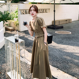 卡其色时尚套装裙女夏2024气质复古法式泡泡袖短上衣半身裙两件套，女装套装/套裙，2C159