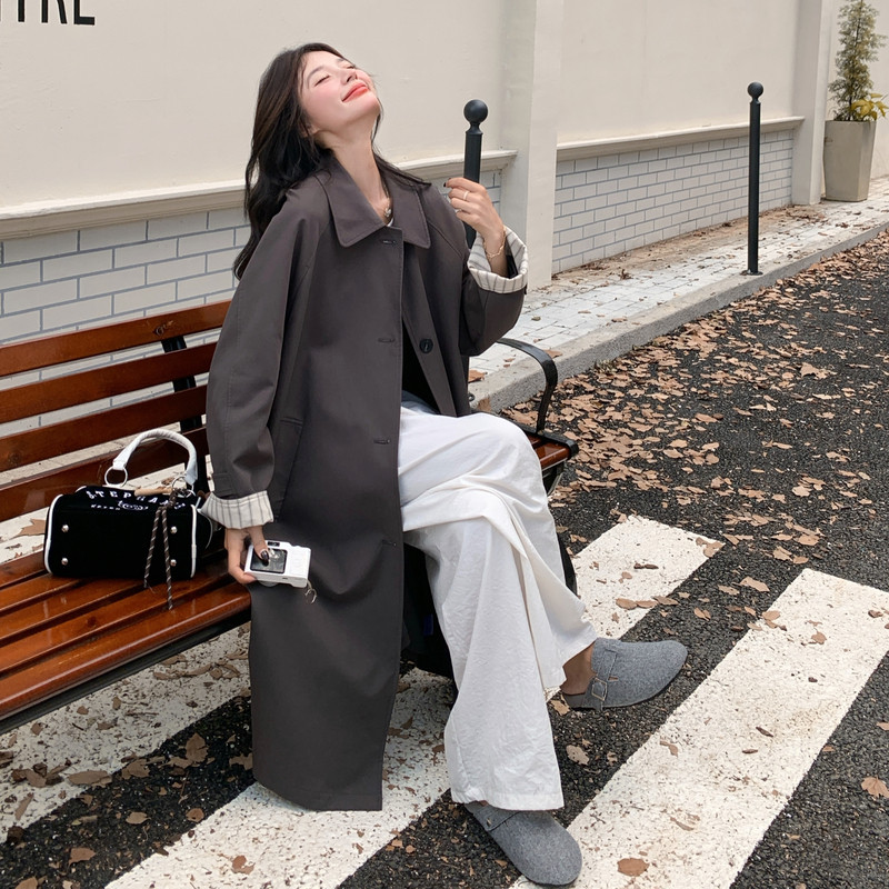 减龄休闲长款灰色风衣外套女春秋2025新款显瘦英伦风大衣流行爆款,女装风衣,2D013