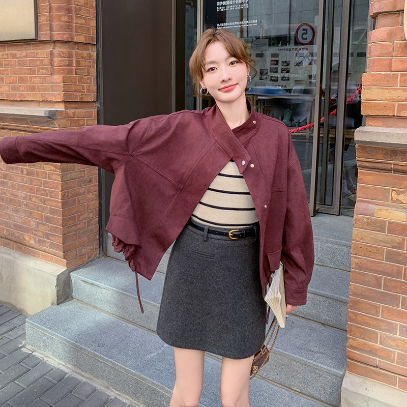 港风复古红色麂皮绒外套女2025春季新款高级感立领休闲小个子上衣,女装短外套,2C236