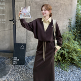 咖色衬衫拼接假两件卫衣套装裙女2025秋新款复古显瘦半身裙两件套，女装套装/套裙，2C275