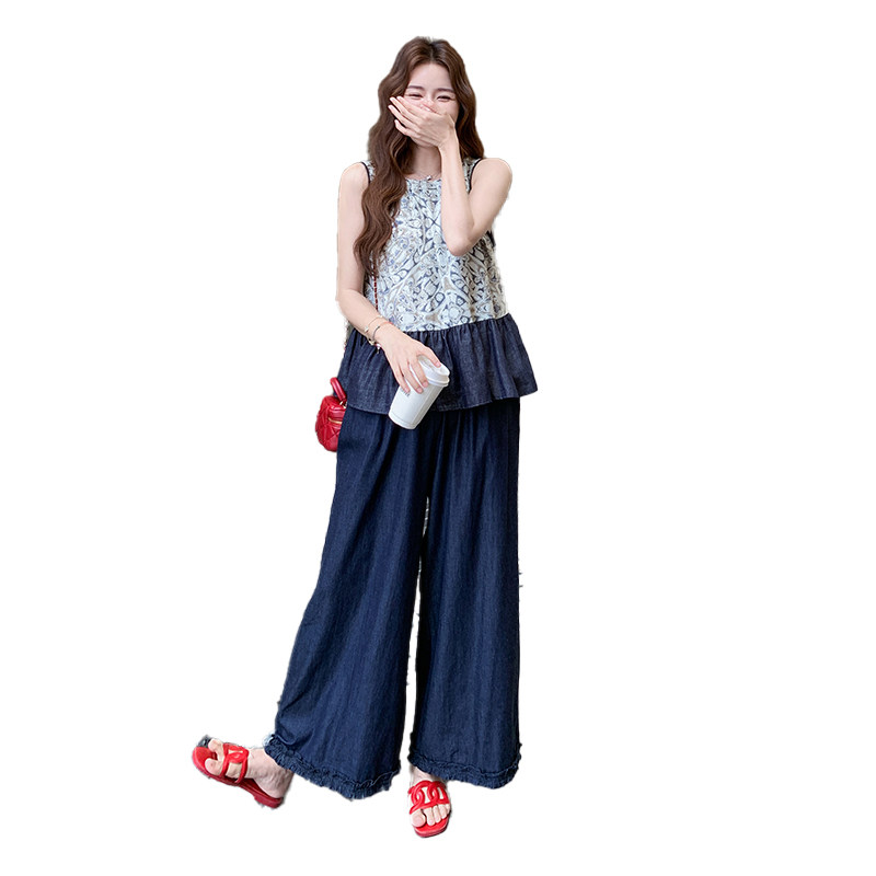 新品现货~时尚无袖印花背心牛仔裤套装女590-P155-K228,女装套装/套裙,2C126