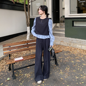 超火盐系穿搭藏青色小香风套装女春秋2025新款假两件阔腿裤两件套图片