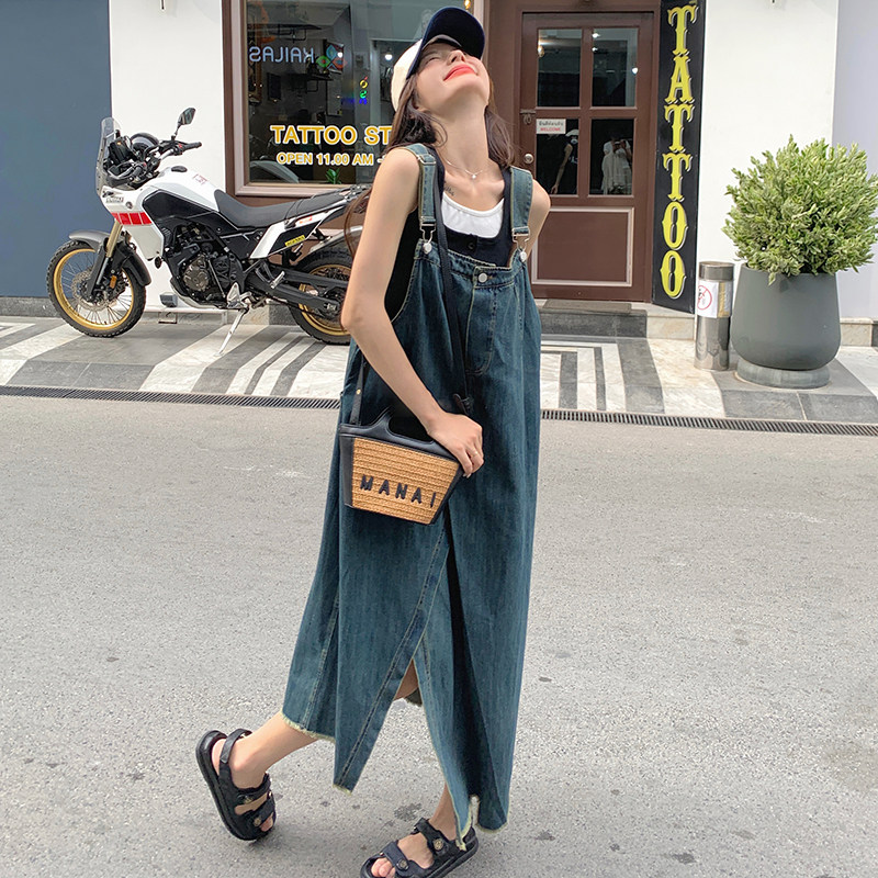 时尚小众设计感牛仔背带裙女夏中长款2025新款洋气减龄开叉连衣裙,女装连衣裙,2C201