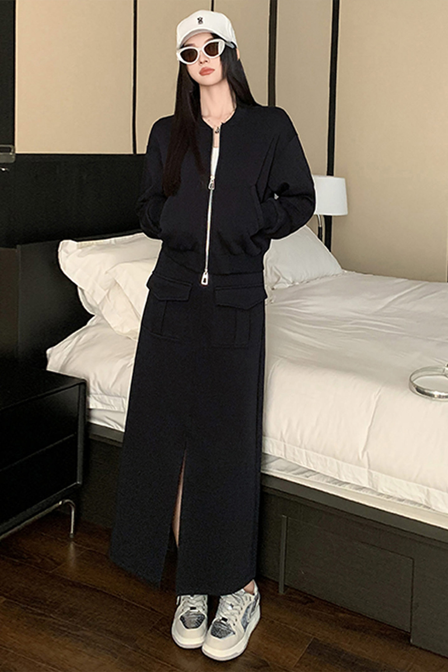 纯色连帽拉链开衫卫衣套装女秋季新款时尚减龄开叉半身裙两件套潮,女装套装/套裙,2C310