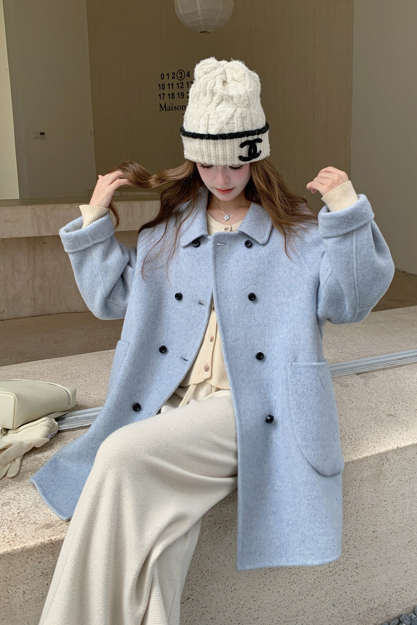 现货新款蓝色装满羊绒秋冬小个子中长款学院风减龄毛呢外套,女装毛呢外套,2B114