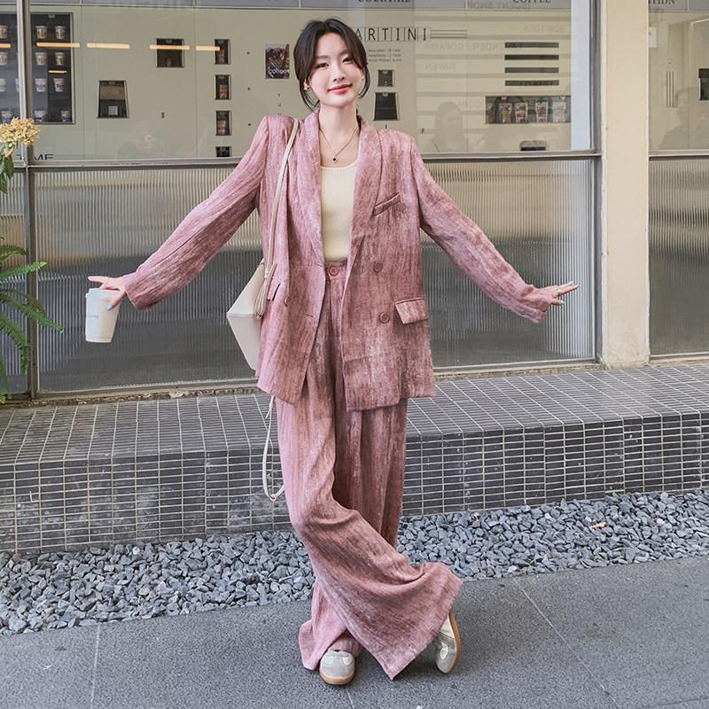 粉色高级感西装套装女秋季新款轻熟气质时尚西服外套阔腿裤两件套,女装套装/套裙,2C077