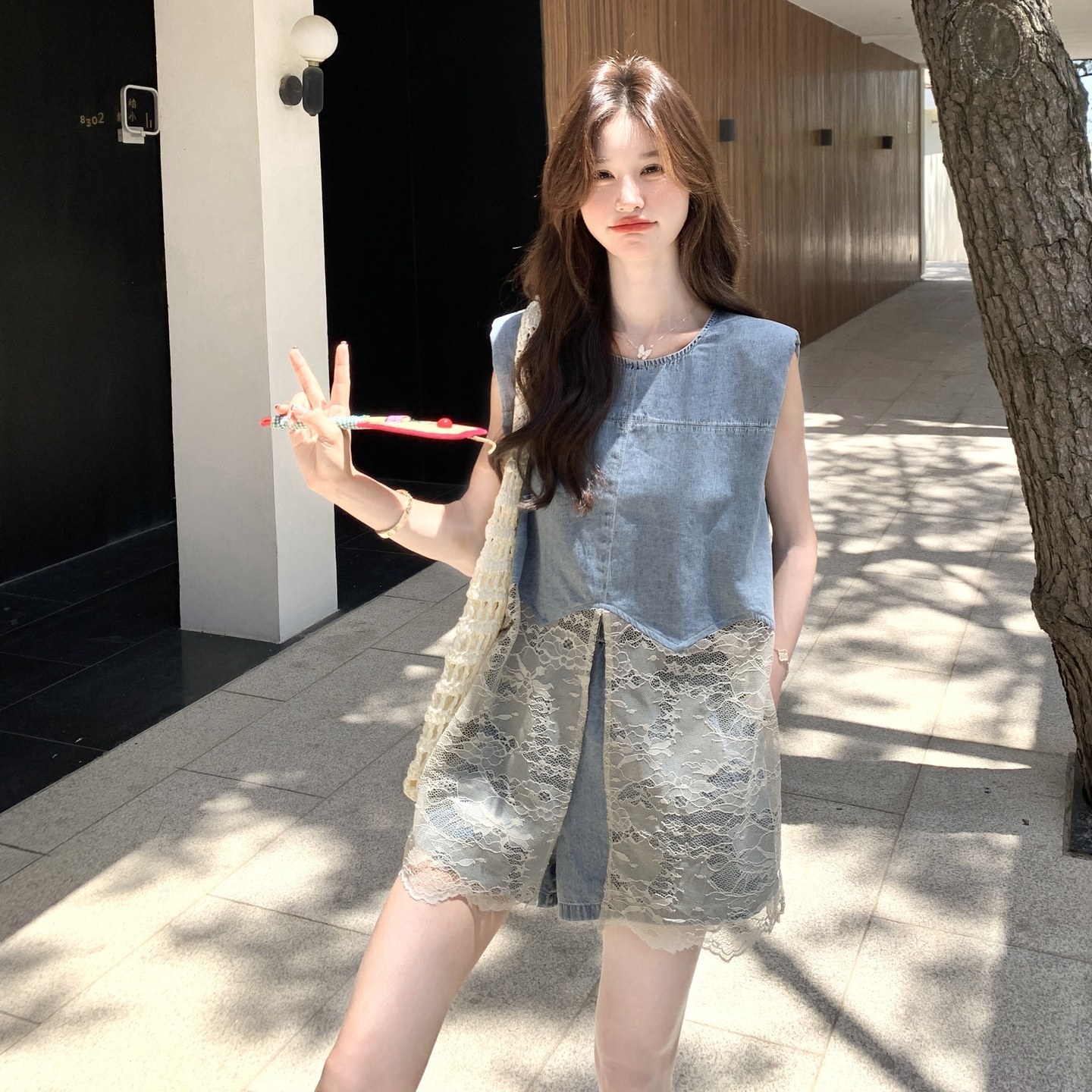 甜美蕾丝拼接牛仔短裤套装女夏2025新款小个子巨好看高级感两件套图片