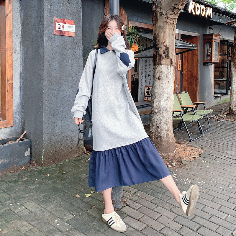 【现货】2026秋装撞色拼接灰色连衣裙2C056-6807-P120控178,女装连衣裙,2C056