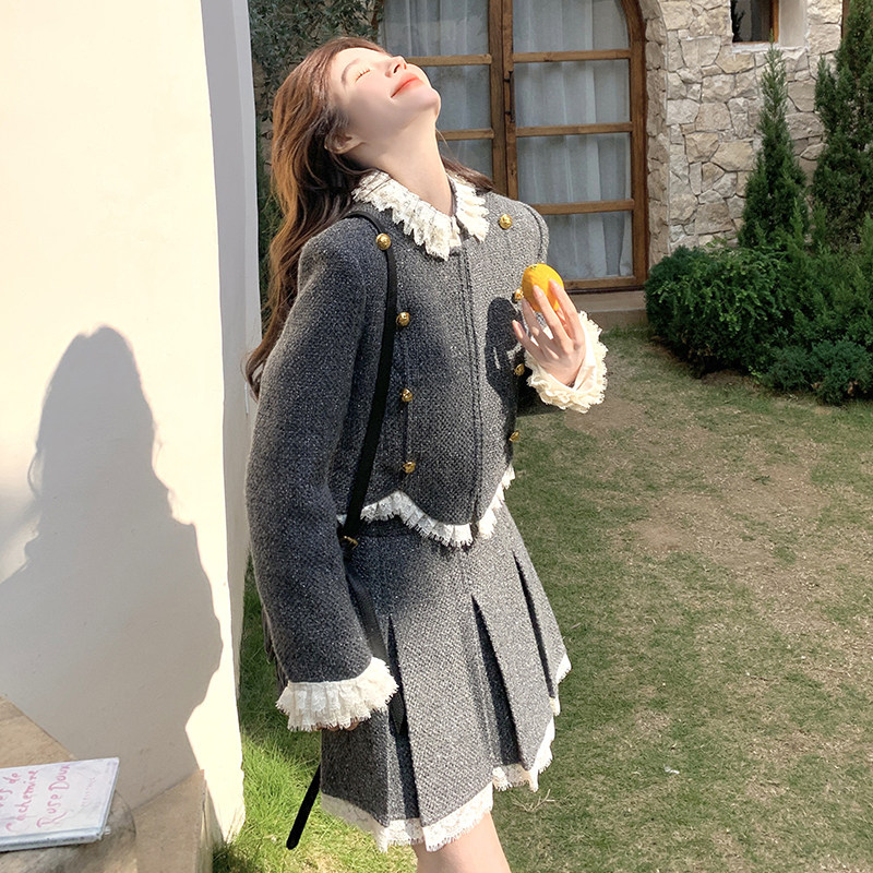 富家千金穿搭小香风套装女春秋2025超火miu系高级感百褶裙两件套,女装套装/套裙,2C230