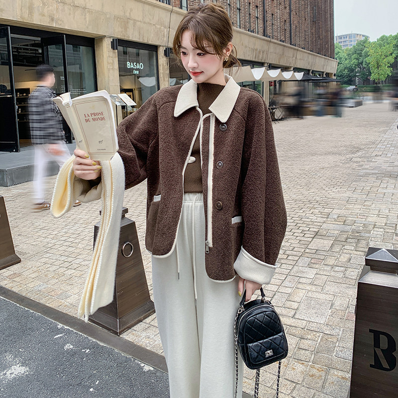 撞色翻领软糯羊羔毛外套女冬季新款韩系chic小个子加厚减龄短棉服,女装棉衣/棉服,2C203