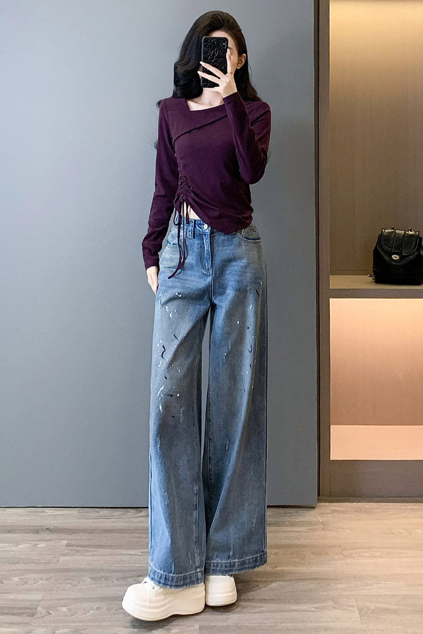 女春新款时尚减龄套装修身纯欲不规则斜肩领口上衣牛仔长裤两件套,女装套装/套裙,2C310