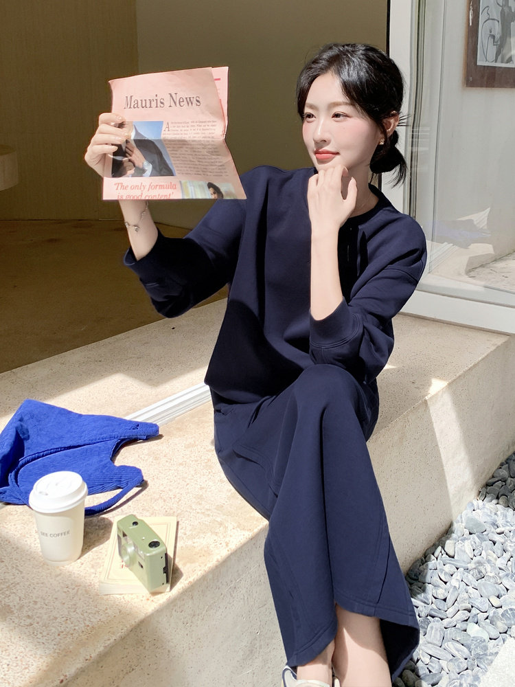 藏青色简约韩系卫衣套装裙女2025春秋新款学院风显瘦半身裙两件套图片