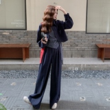 日系百搭设计款外套阔腿裤套装女2025秋季新款复古格子吊带三件套，女装套装/套裙，2C217