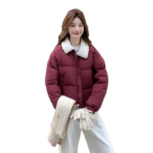 韩版甜美减龄短款羽绒服女2025冬季新款显瘦加厚酒红色白鸭绒外套图片