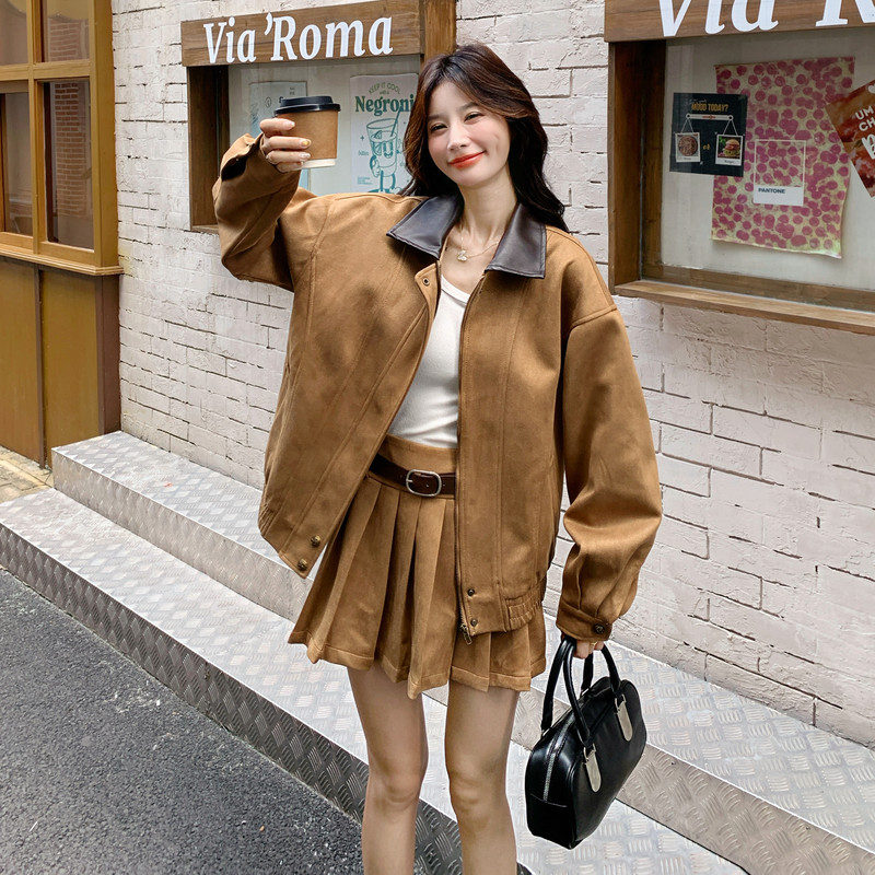美拉德复古套装女2025秋季新款甜酷风设计感拼接外套百褶裙两件套图片