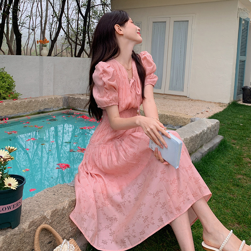 法式茶歇泡泡袖连衣裙女2025夏季新款韩版甜美温柔风收腰显瘦长裙,女装连衣裙,2C029