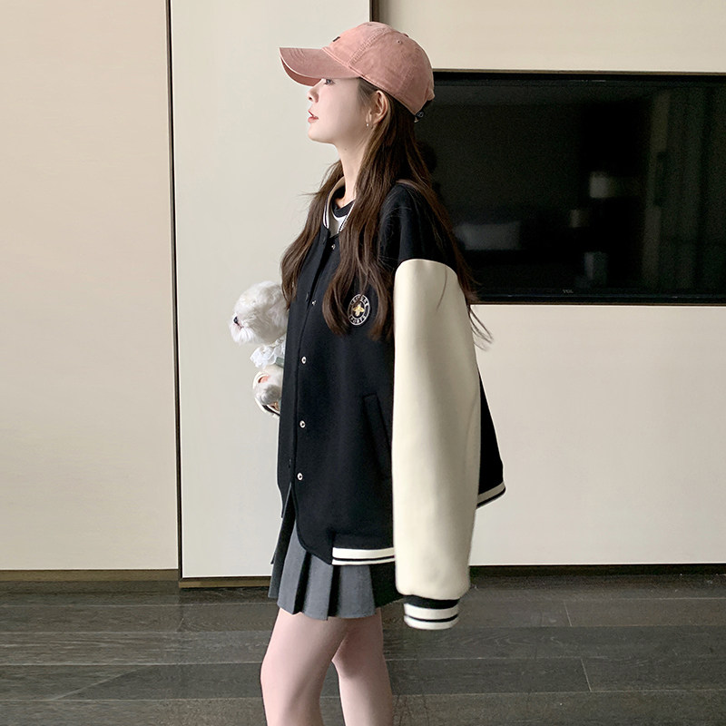 美式复古撞色拼接棒球服外套女2025春秋新款超好看学院风夹克上衣,女装短外套,2C196