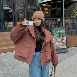 美拉德连帽短款加绒派克服女冬2024新款小个子宽松加厚工装短外套图片
