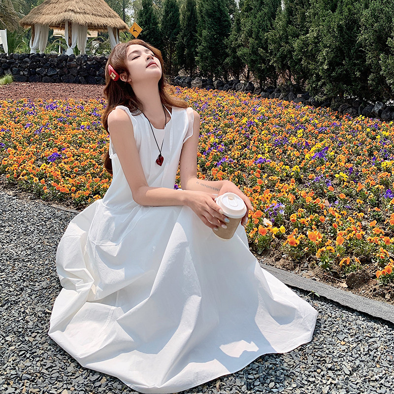 法式温柔风白色无袖背心连衣裙女2025夏季新款百搭宽松绝美A字裙,女装连衣裙,2C025