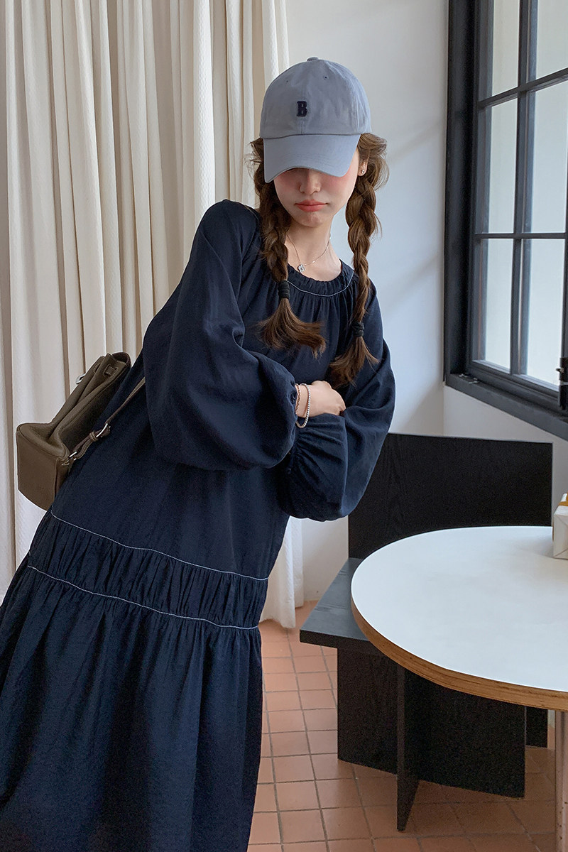 藏青色休闲连衣裙女2025春季新款今年流行爆款小个子漂亮超火长裙,女装连衣裙,2C016
