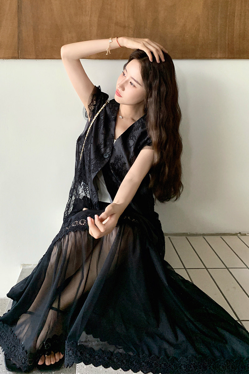 法式提花马甲蕾丝半身裙两件套女2025夏季新款网纱拼接裙子套装,女装套装/套裙,1D066-1