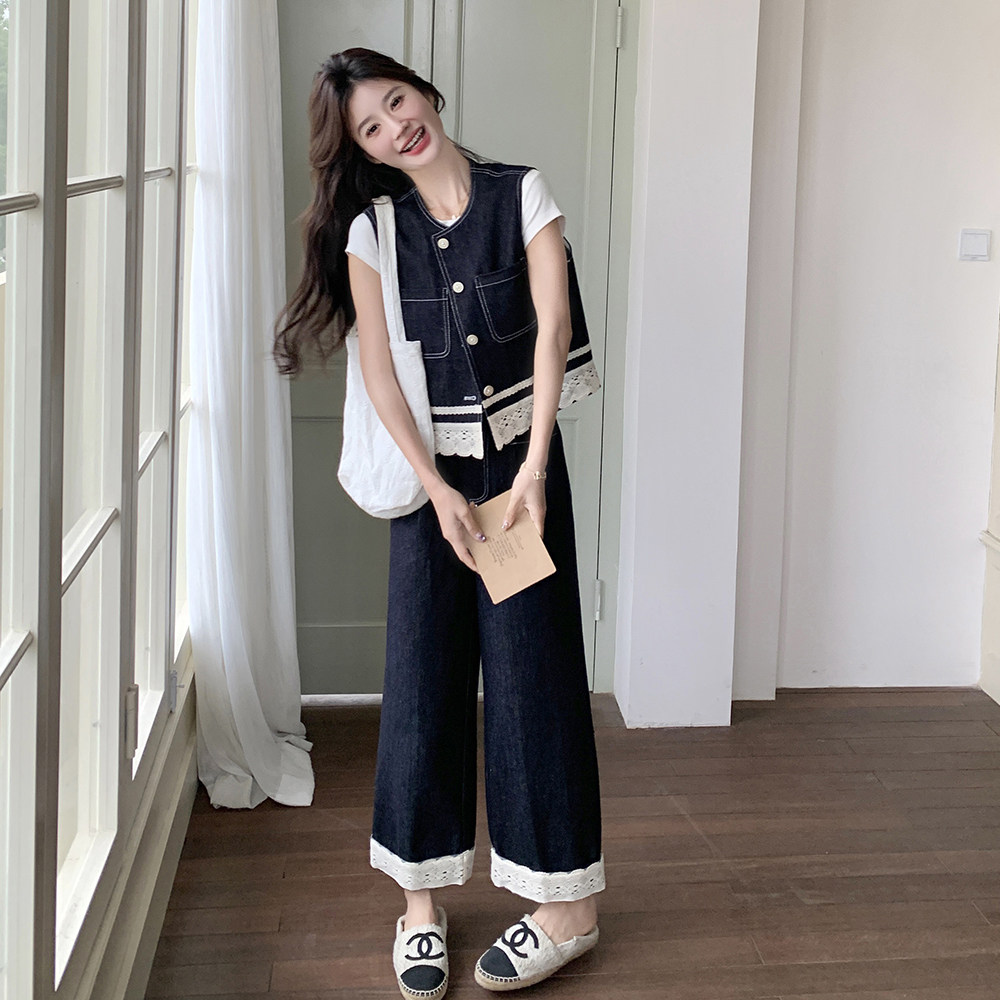 春季2025新款蕾丝拼接牛仔马甲套装女,女装套装/套裙,2C012