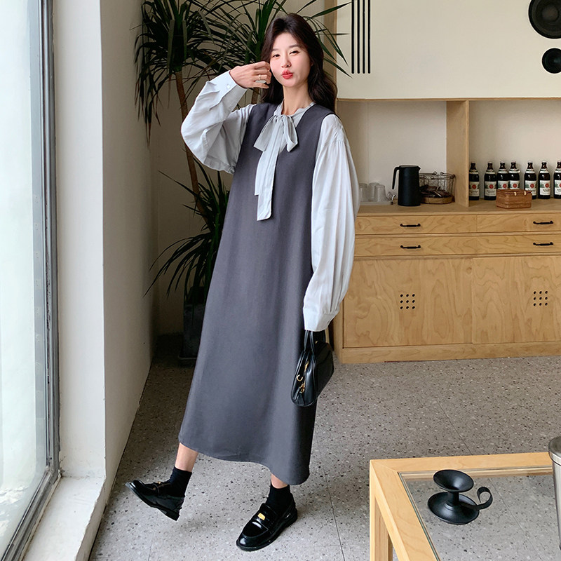 韩系松弛感穿搭学院风衬衫加背心裙套装女春秋超火好看长裙两件套,女装套装/套裙,2C139